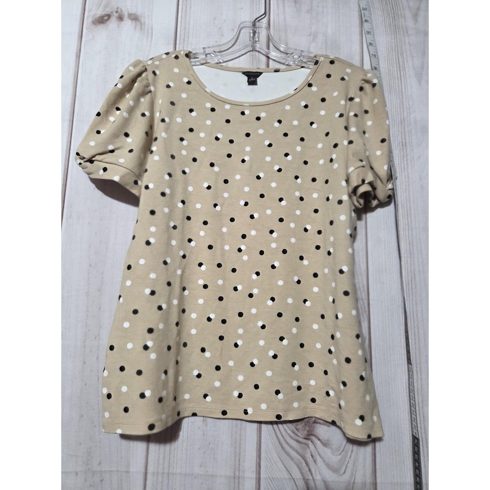 Ann Taylor Shirt Womens Medium Beige Polka Dot Puff Short Sleeve Stretch Knit